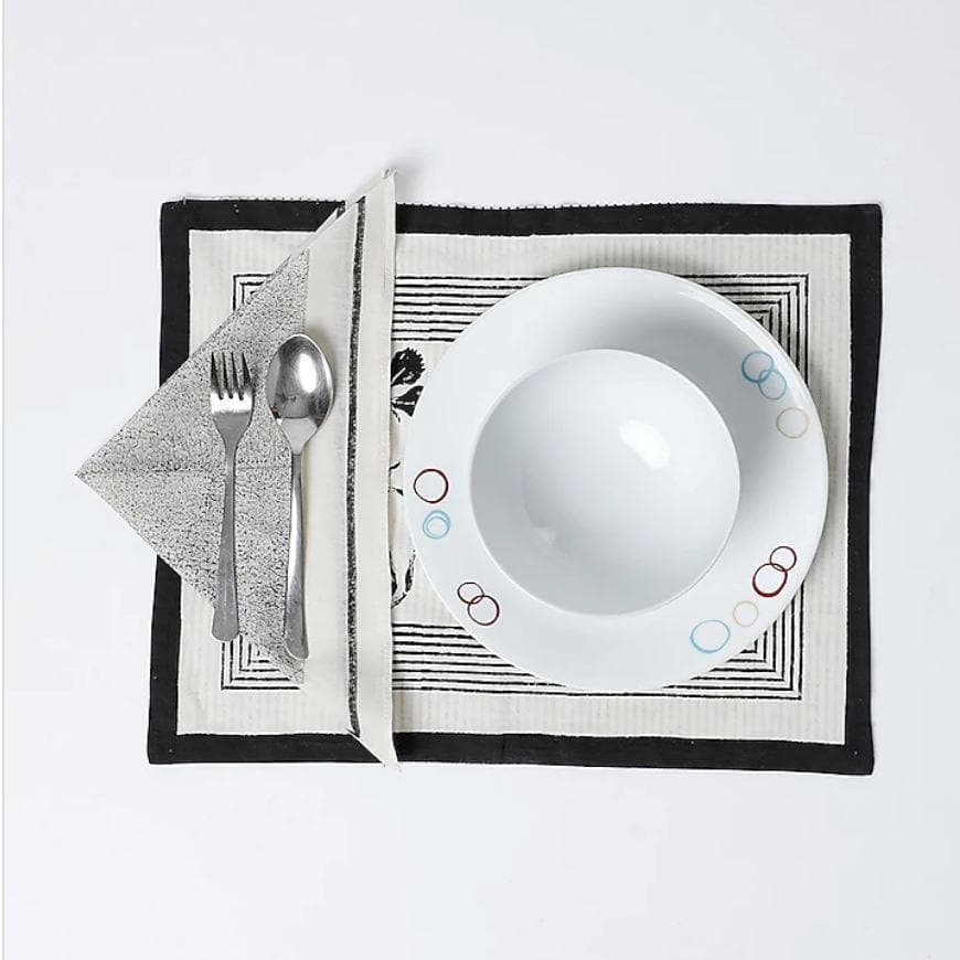 Hand Block Printed Placemats and Napkin Set - Set of 8 - Black