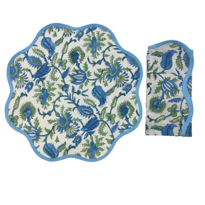 Hand Blocked Floral Motif Scalloped Cotton Placemats