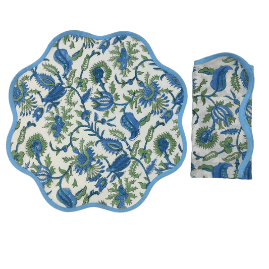 Hand Blocked Floral Motif Scalloped Cotton Placemats - MAIA HOMES