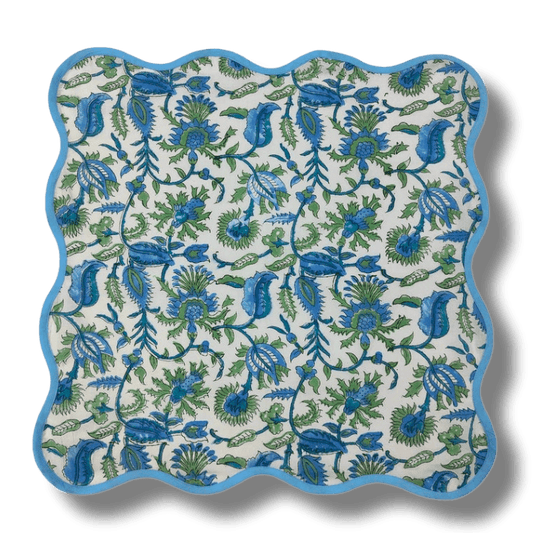 Hand Blocked Floral Motif Scalloped Cotton Placemats - MAIA HOMES