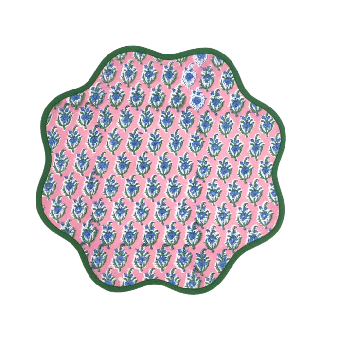 Hand Blocked Floral Scalloped Round Placemats Green