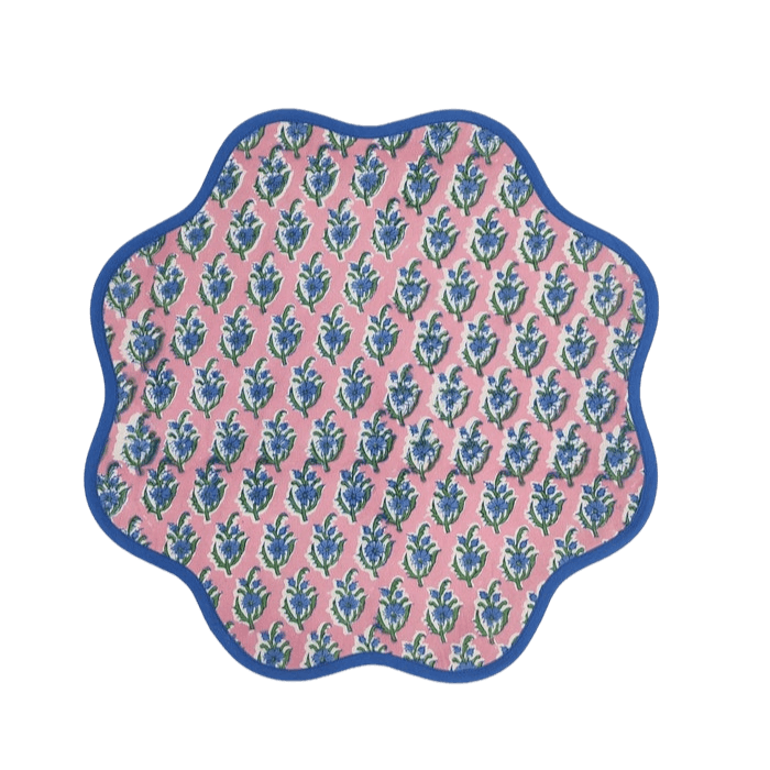 Hand Blocked Floral Scalloped Round Placemats Blue