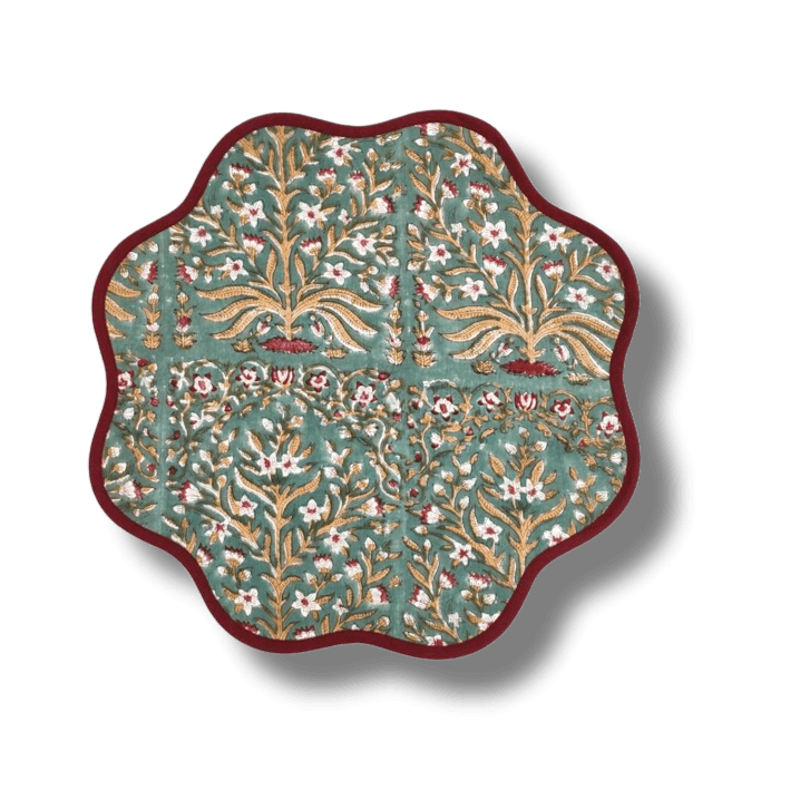 Hand Blocked Scallop Green Floral Round Placemats