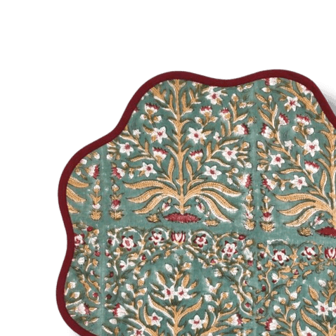 Hand Blocked Scallop Green Floral Round Placemats