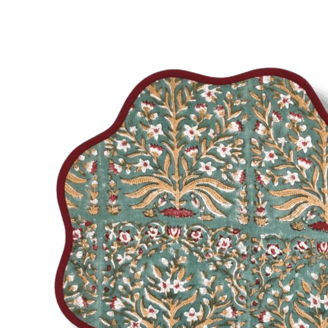 Hand Blocked Scallop Green Floral Round Placemats - MAIA HOMES