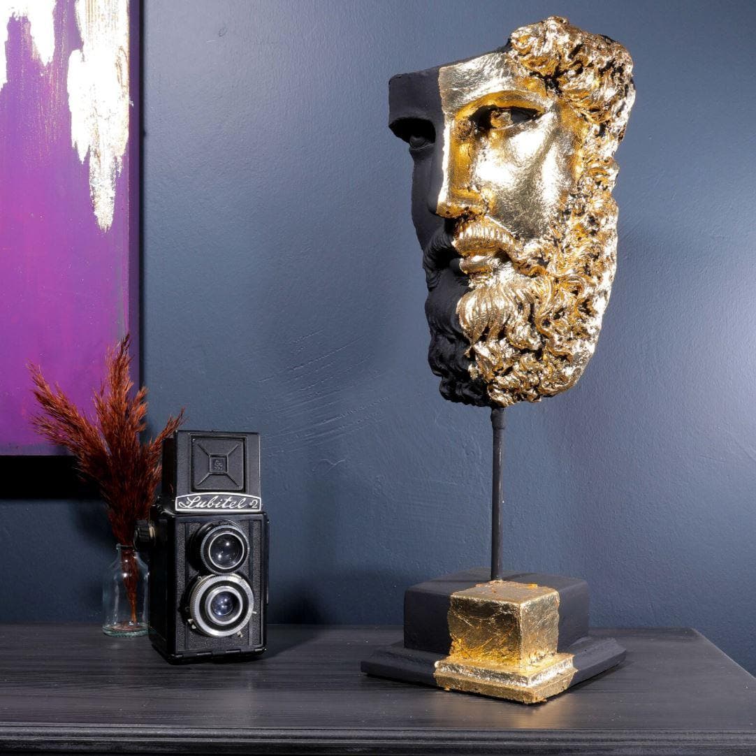 Hand Crafted Black Gold Zeus Bust Sculpture