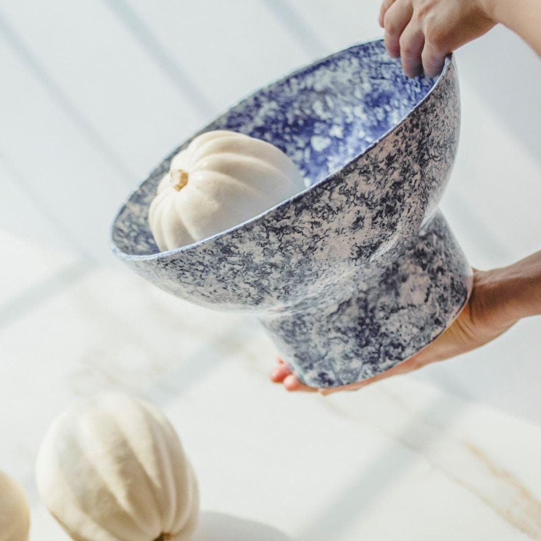 Hand Crafted Blue and White Footed Porcelain Breakfast Bowl - MAIA HOMES