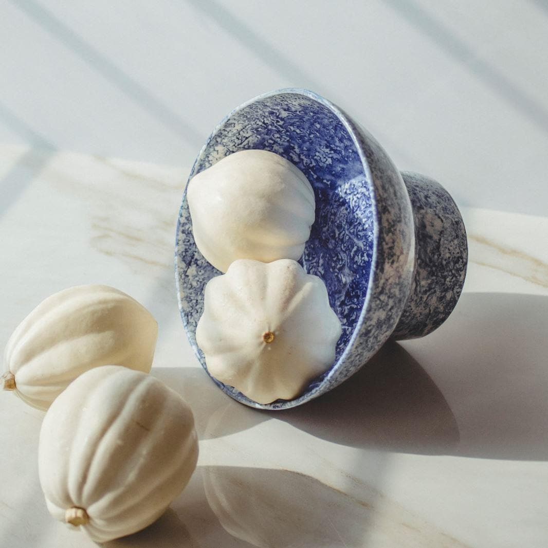 Hand Crafted Blue and White Footed Porcelain Breakfast Bowl - MAIA HOMES