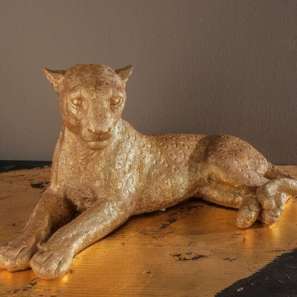 Hand Crafted Gold Lying Leopard Sculpture