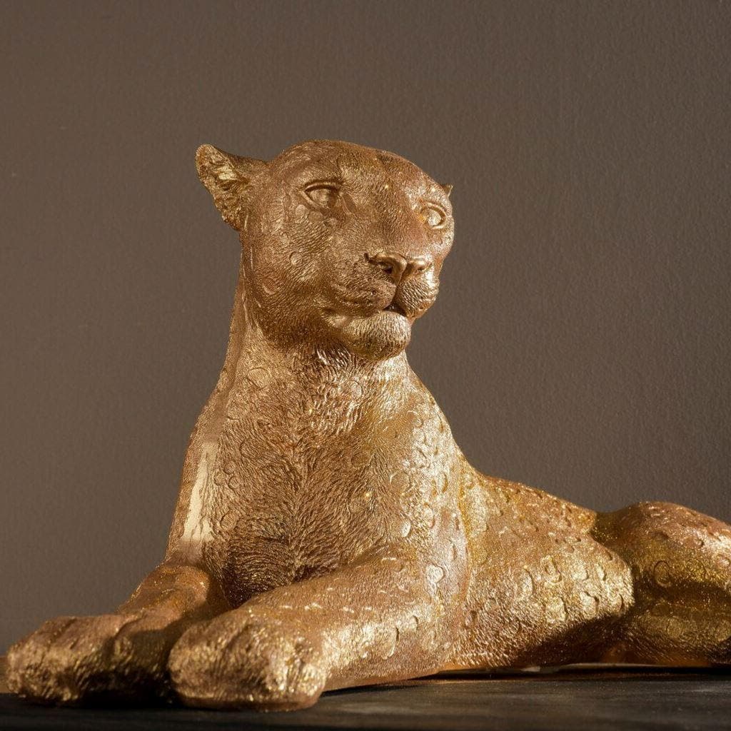 Hand Crafted Gold Lying Leopard Sculpture