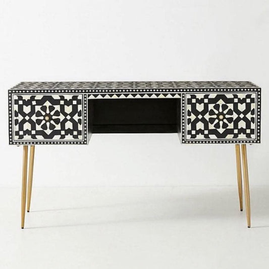 Hand Crafted Moroc Black Bone Inlay 2 Drawers Desk - MAIA HOMES
