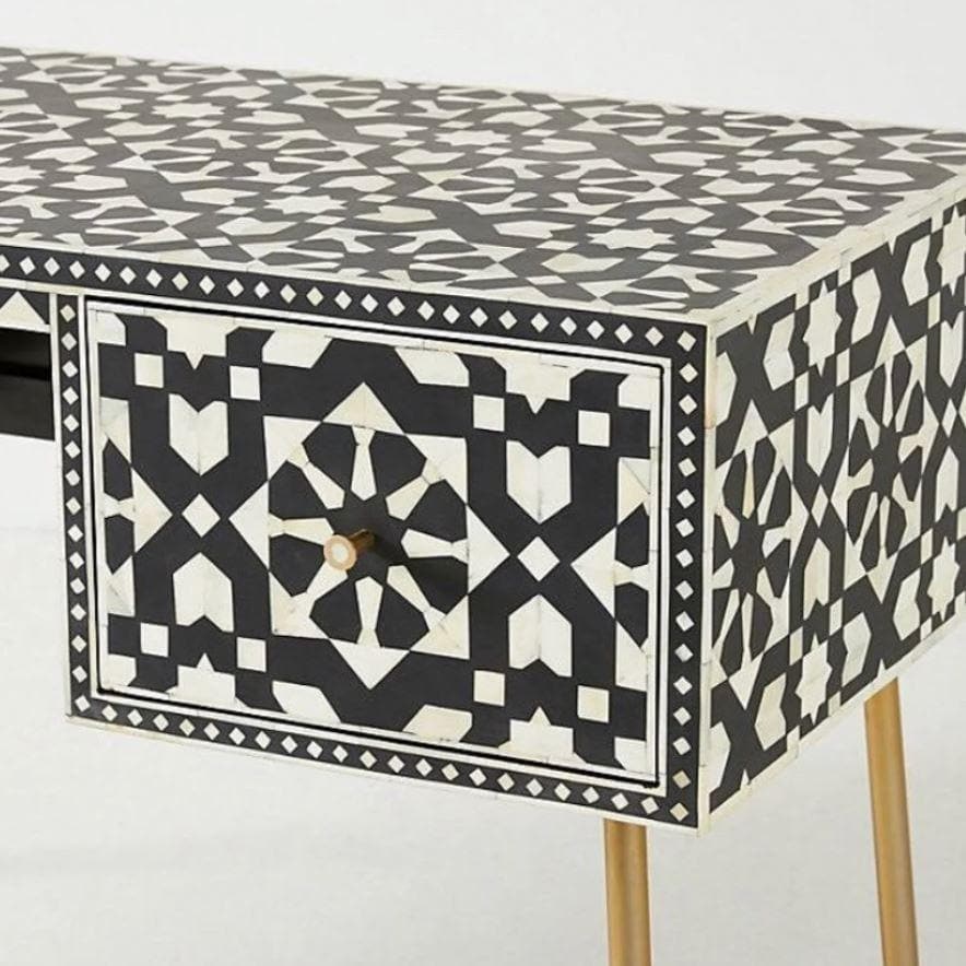 Hand Crafted Moroc Black Bone Inlay 2 Drawers Desk - MAIA HOMES