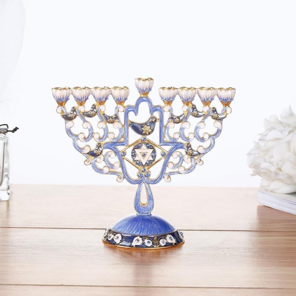 Hand Painted Enamel Menorah Candelabra with Hamsa & Doves