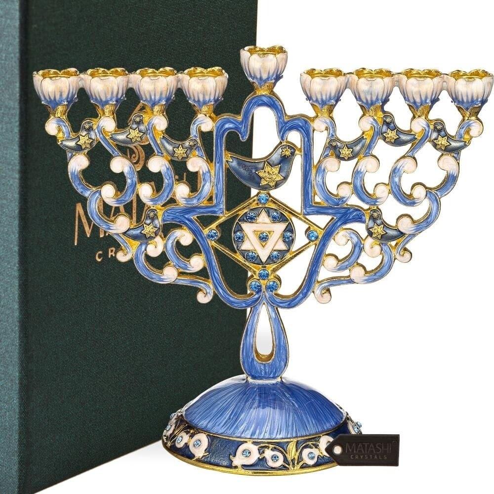 Hand Painted Enamel Menorah Candelabra with Hamsa & Doves