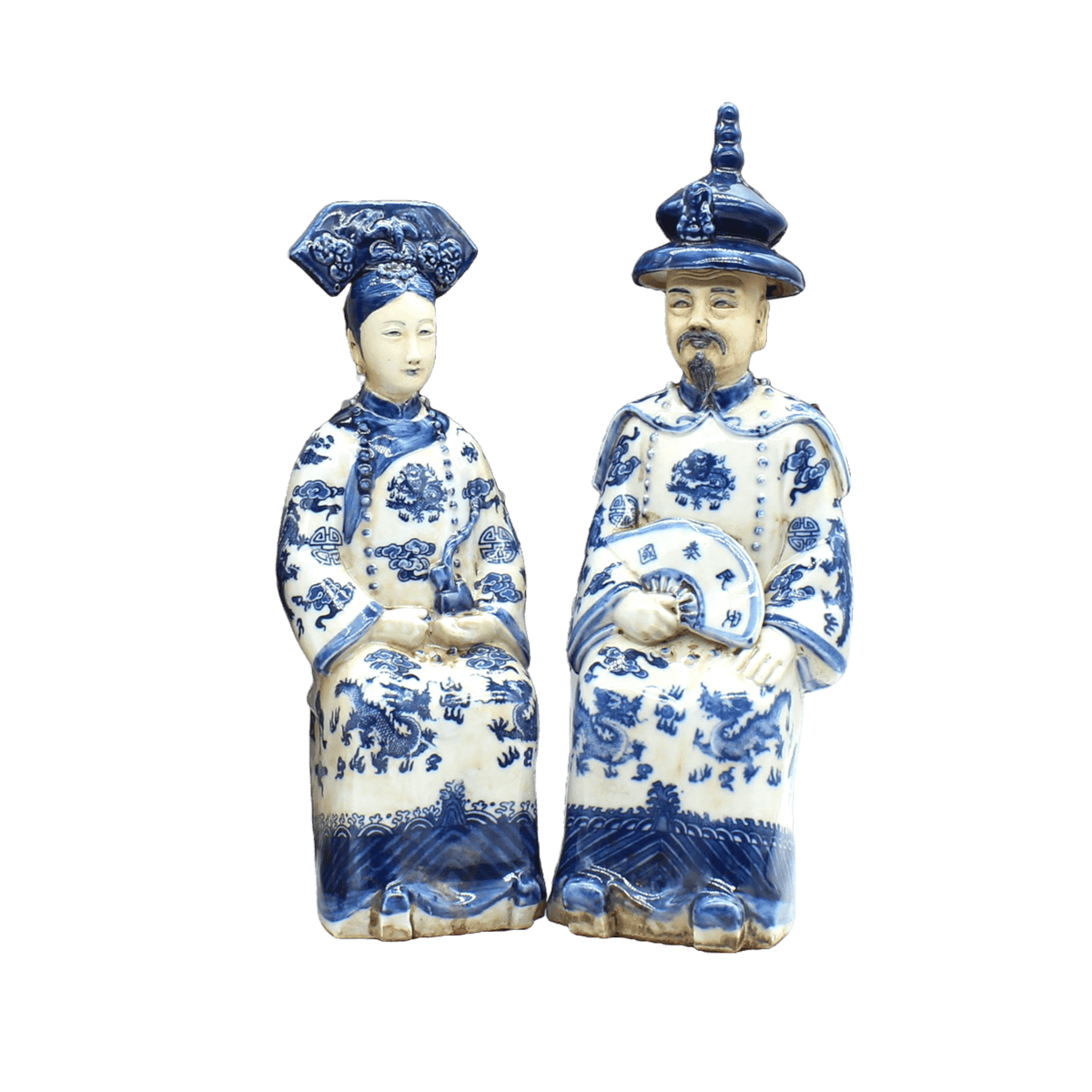 Hand Painted Qing Dynasty Sitting Emperor and Empress Figurines