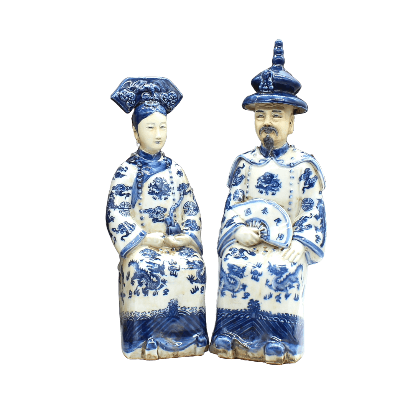 Hand Painted Qing Dynasty Sitting Emperor and Empress Figurines - MAIA HOMES