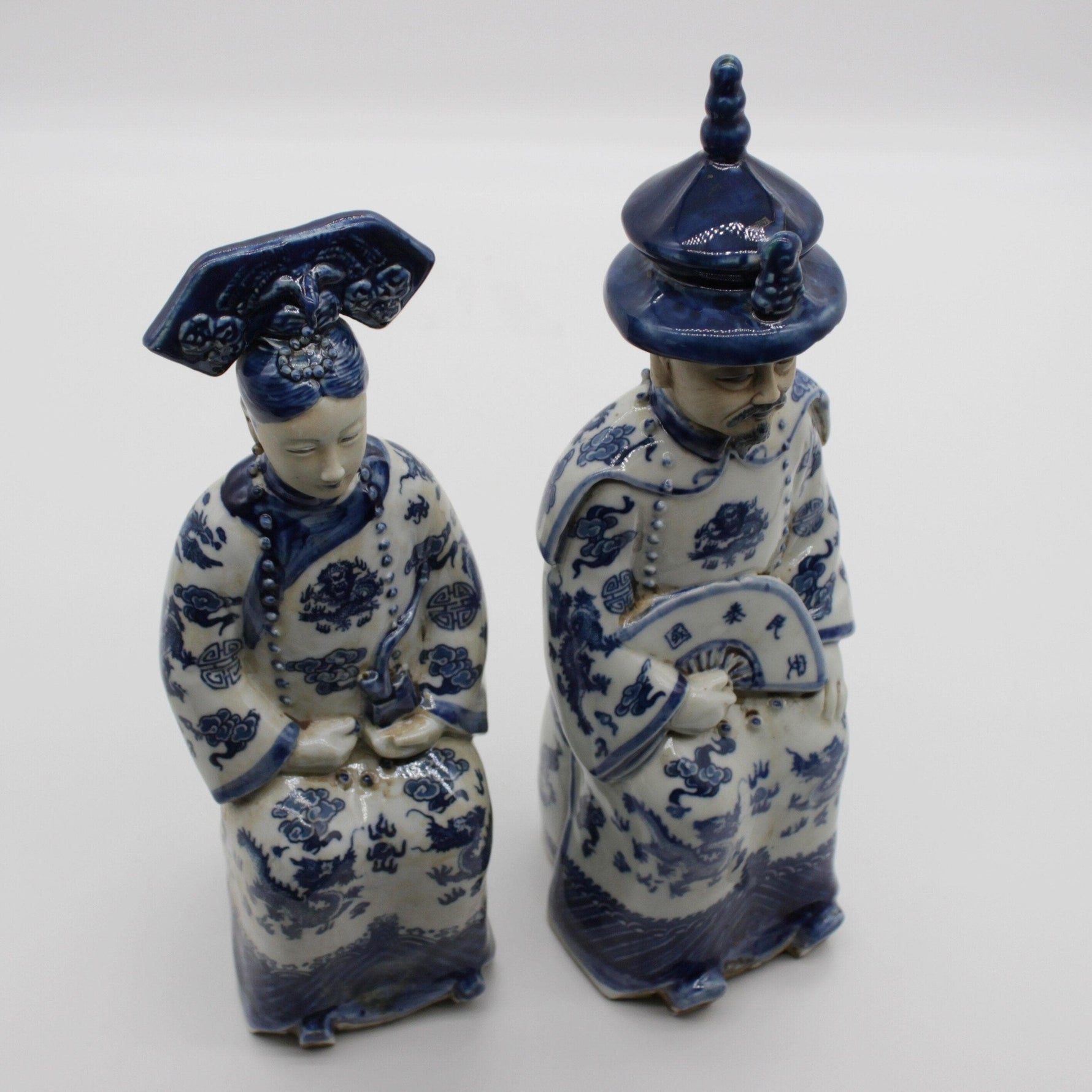 Hand Painted Qing Dynasty Sitting Emperor and Empress Figurines