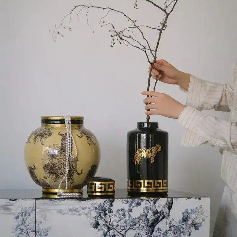 Hand-Painted Tiger Rosy Decorative Glazed Jar Set