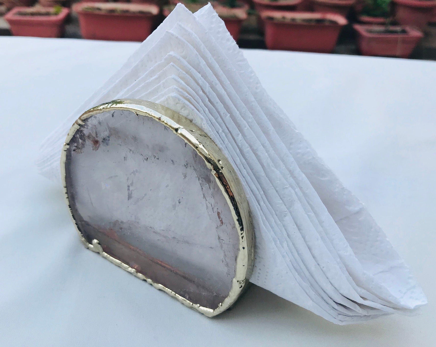 Hand Rounded Clear Quartz Agate Napkin Holder