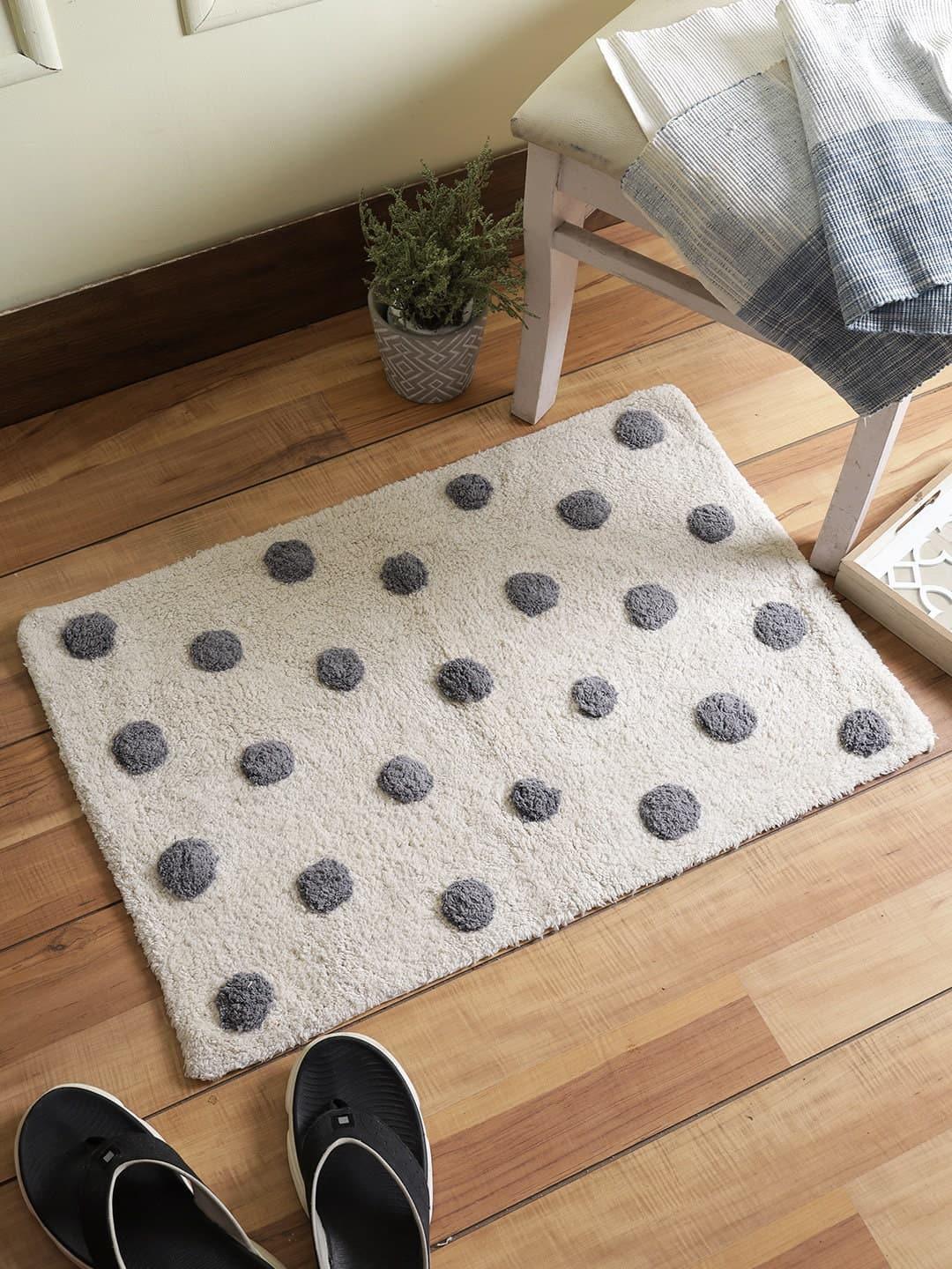 Hand Tufted Grey and White Polka Dots Cotton Bath Rug Default Title