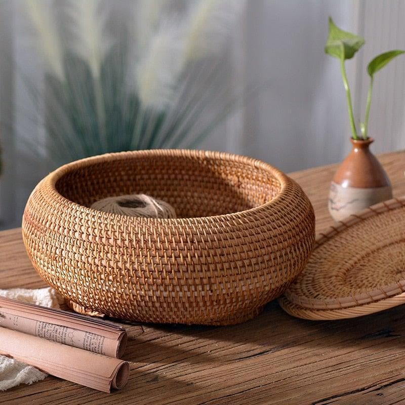 Hand-Woven Round Rattan Storage with Lid