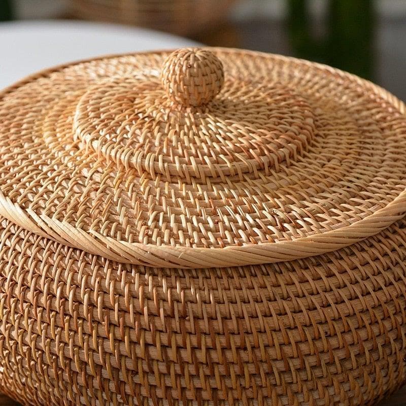 Hand-Woven Round Rattan Storage with Lid