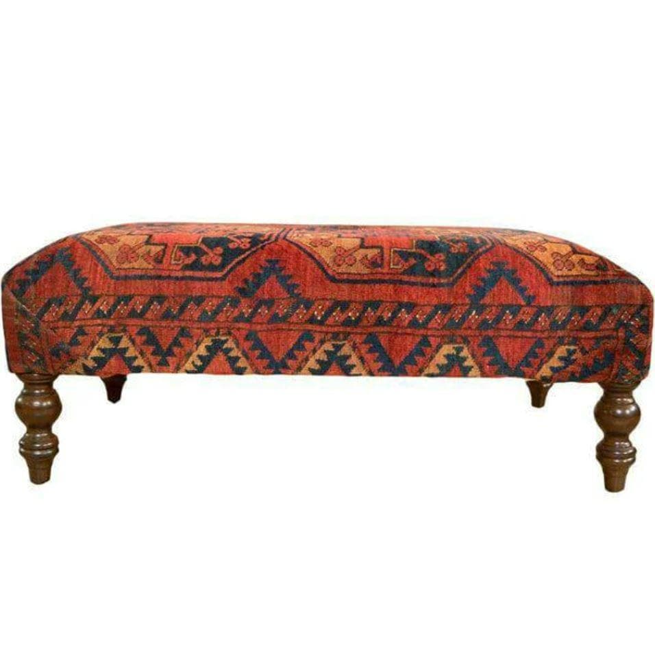 Handcrafted Upholstered Dhurrie Vintage Red Wooden Bench - MAIA HOMES