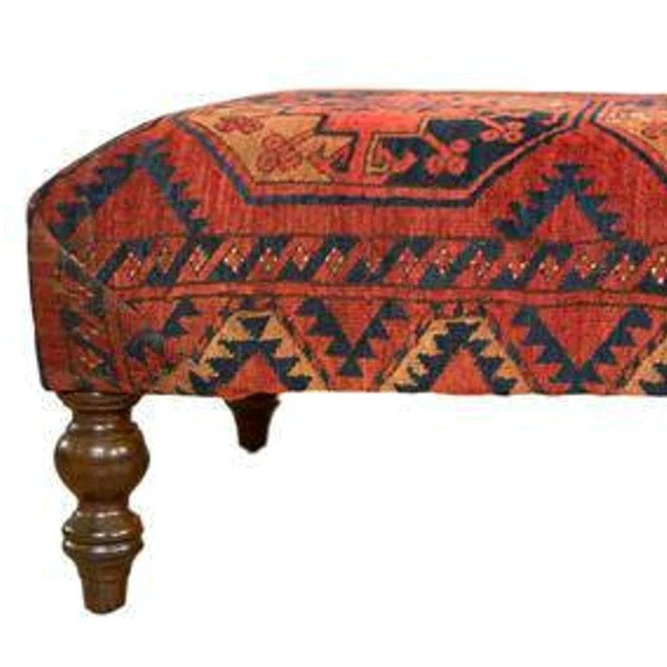 Handcrafted Upholstered Dhurrie Vintage Red Wooden Bench - MAIA HOMES