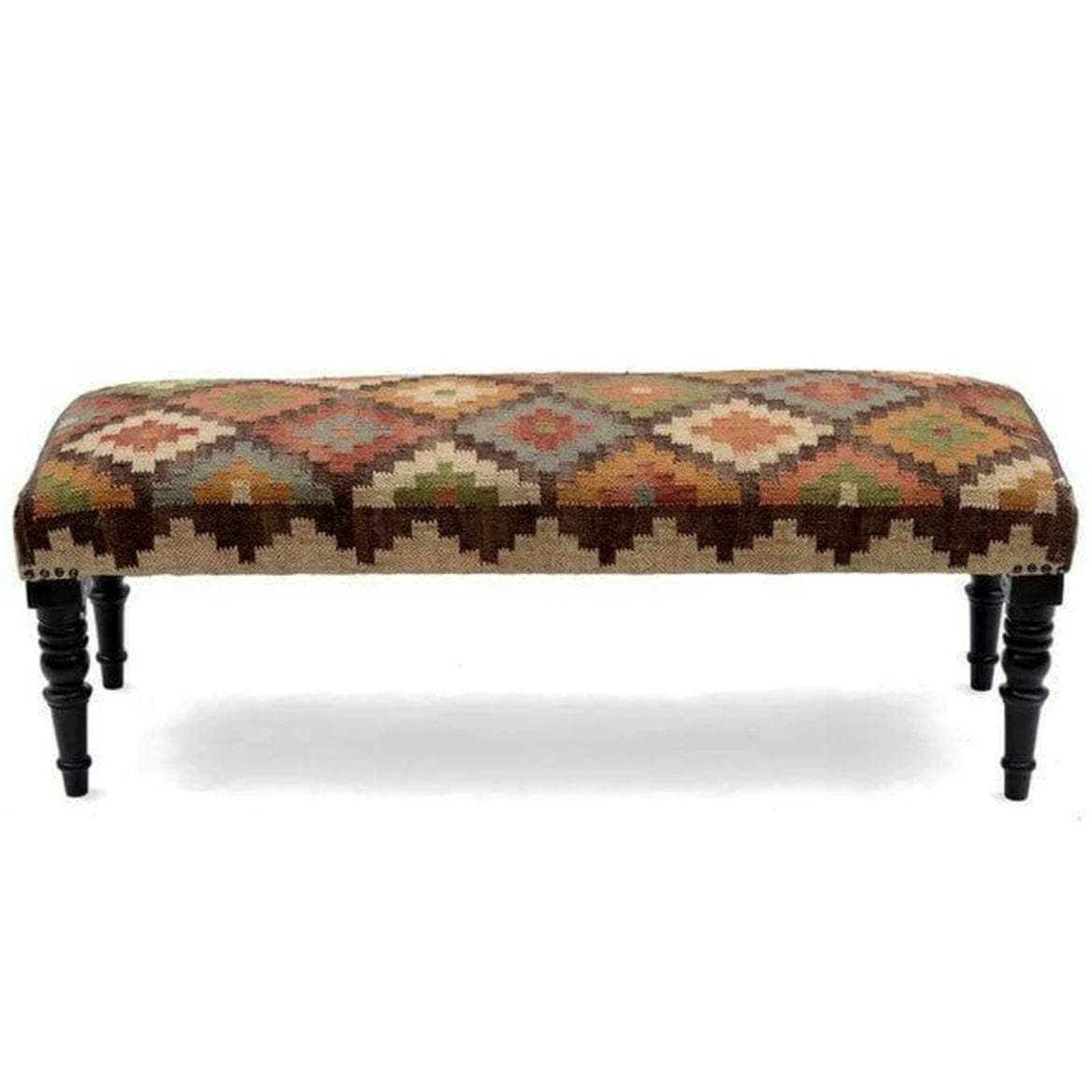 Handcrafted Upholstered Dhurrie Vintage Wooden Bench - MAIA HOMES