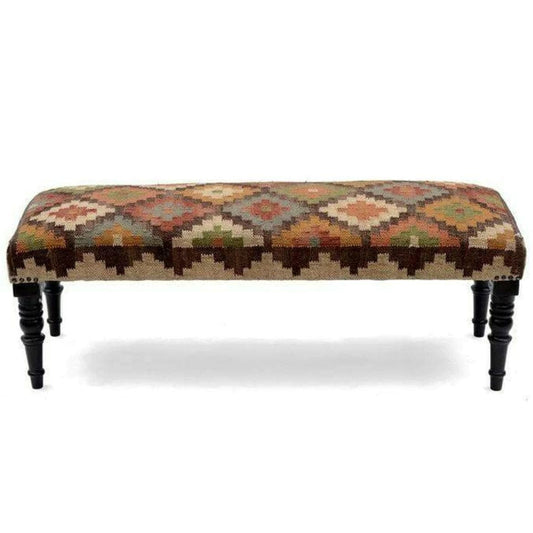 Handcrafted Upholstered Dhurrie Vintage Wooden Bench - MAIA HOMES