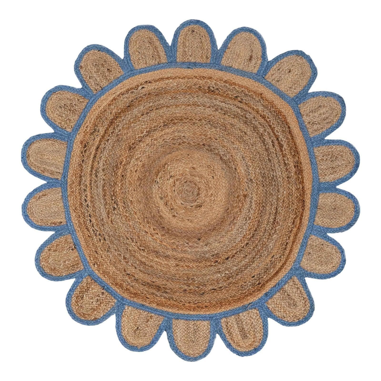 Handmade Blue Scalloped Round Jute Rug