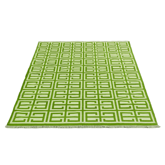 Handmade Chindian Dhurrie Cotton Reversible Rug - Green - MAIA HOMES