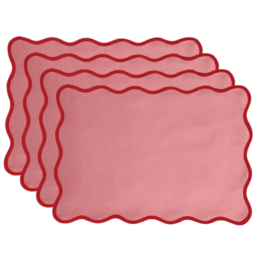 Handmade Cotton Red Bordered Pink Scallop Placemats - Set of 4