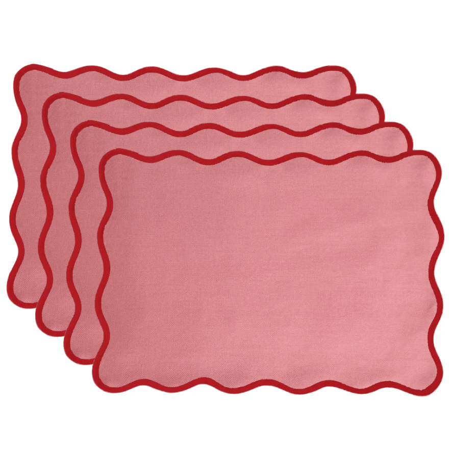 Handmade Cotton Red Bordered Pink Scallop Placemats - Set of 8