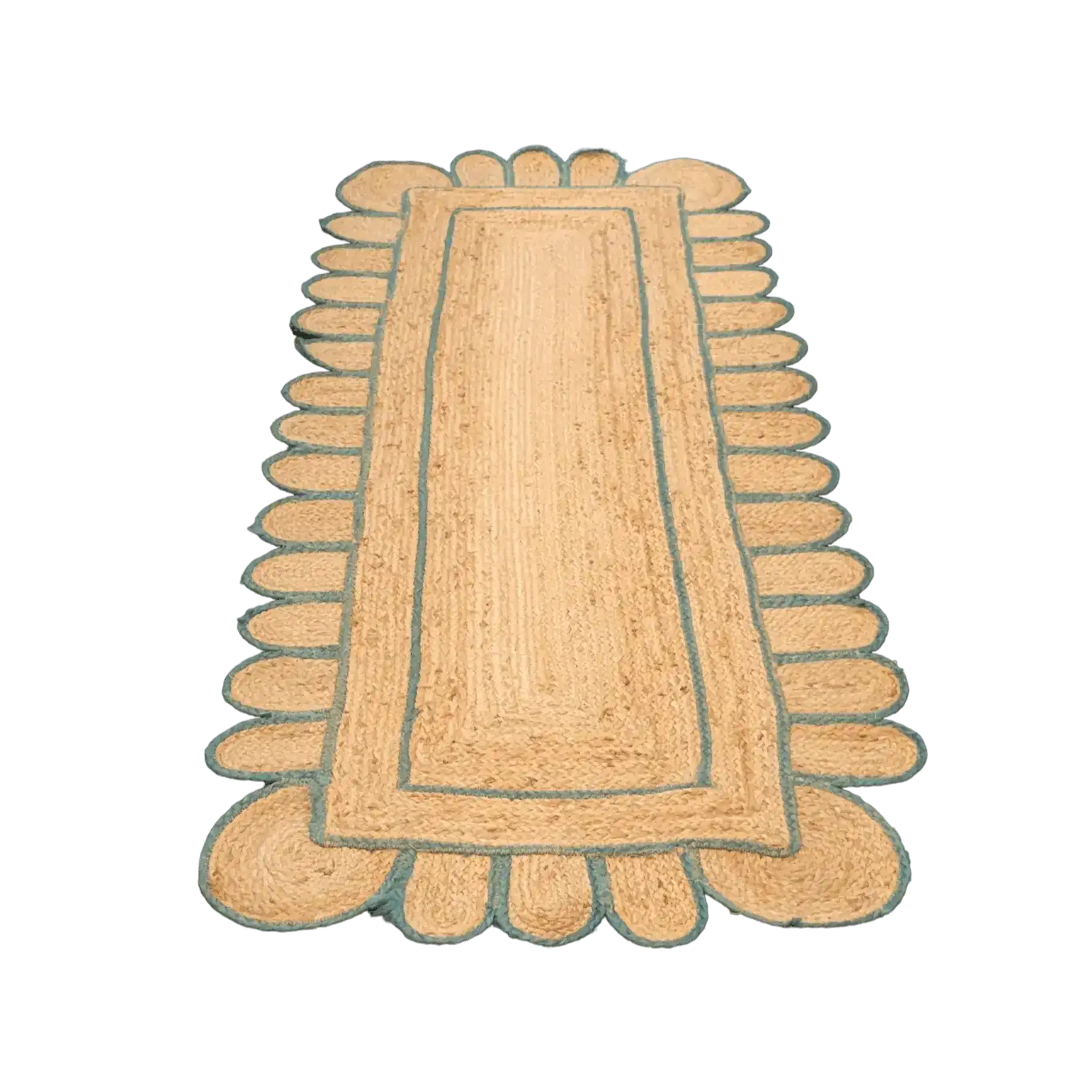 Handmade green scalloped jute area rug showcasing a unique design with scalloped edges, perfect for enhancing the look of any living room or bedroom. The natural jute fibers provide a cozy and stylish addition to your home decor, making it an ideal choice for those seeking eco-friendly rugs for living room or bedroom spaces.