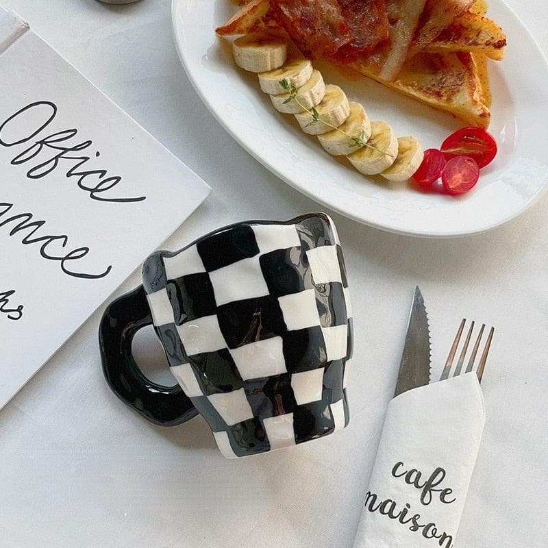 Handmade Irregular Checker Ceramic Coffee Mug