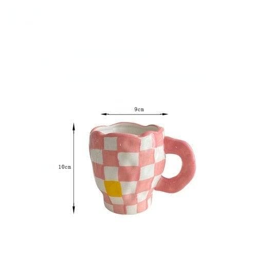 Handmade Irregular Checker Ceramic Coffee Mug pink 350ml