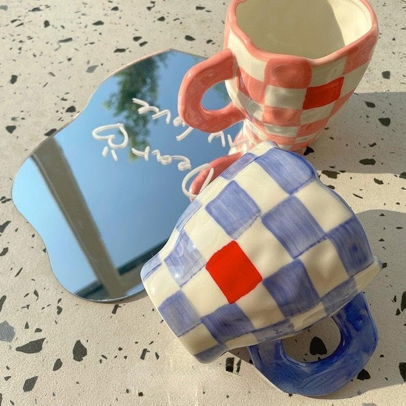 Handmade Irregular Checker Ceramic Coffee Mug