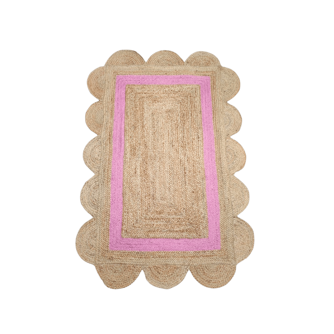 Handmade Large Pink Scalloped Border Jute Rug