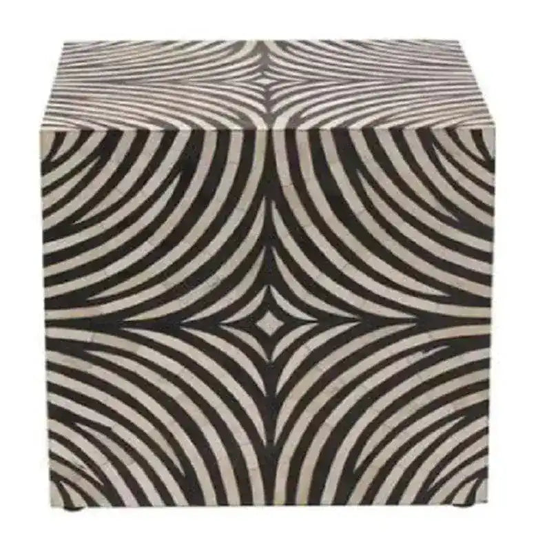 Handmade Modern Zebra Pattern Wooden Side End Table with cube shape and black and white swirl pattern