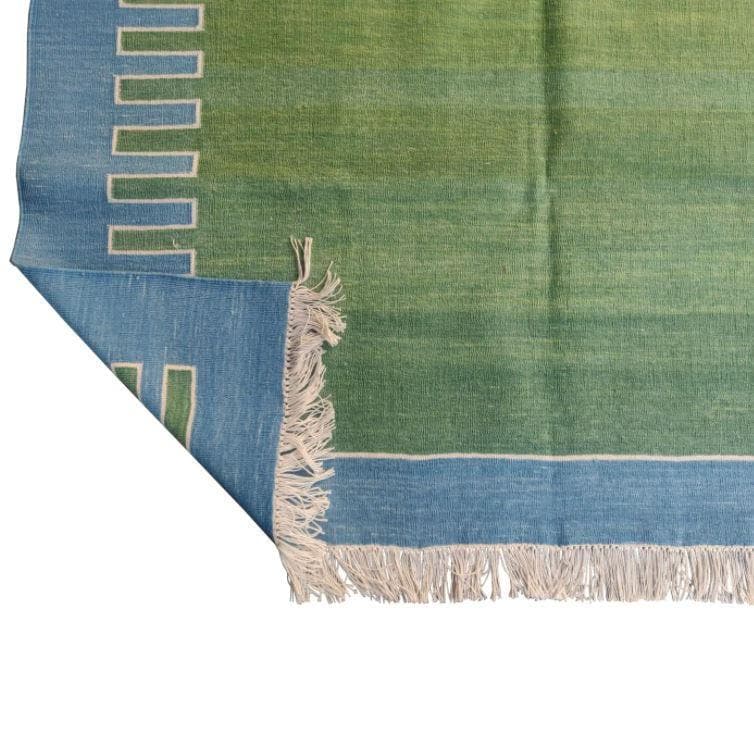 Handmade Reversible Cotton Fringed Geometric Blue Bordered Rug - MAIA HOMES