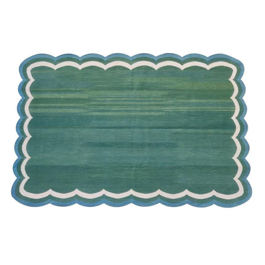 Handmade Reversible Cotton Scalloped Rug - Cream, Blue and Green - MAIA HOMES