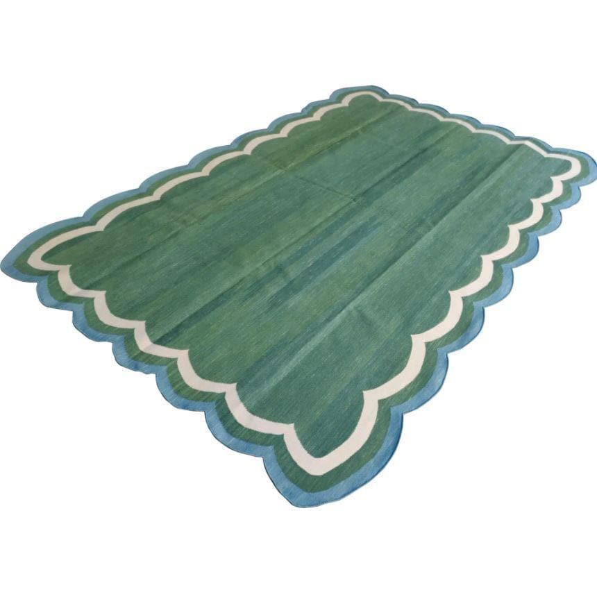 Handmade Reversible Cotton Scalloped Rug - Cream, Blue and Green