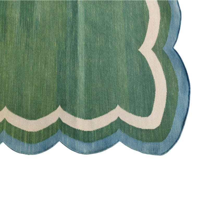 Handmade Reversible Cotton Scalloped Rug - Cream, Blue and Green - MAIA HOMES