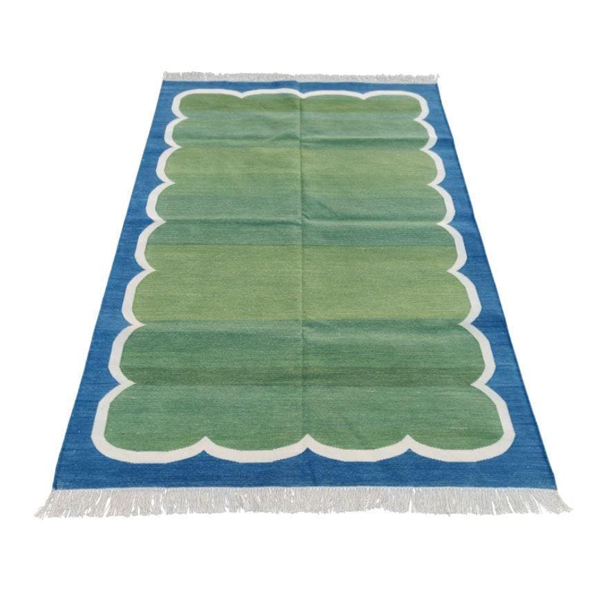 Handmade Reversible Fringed Cotton Scalloped Rug - Blue and Green - MAIA HOMES