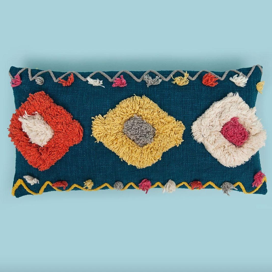 Handmade Tania Blue Embroidered Lumbar Pillow Cover