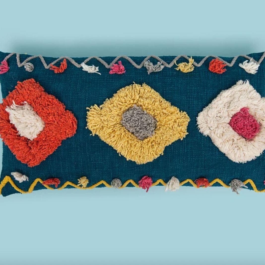 Handmade Tania Blue Embroidered Lumbar Pillow Cover - MAIA HOMES
