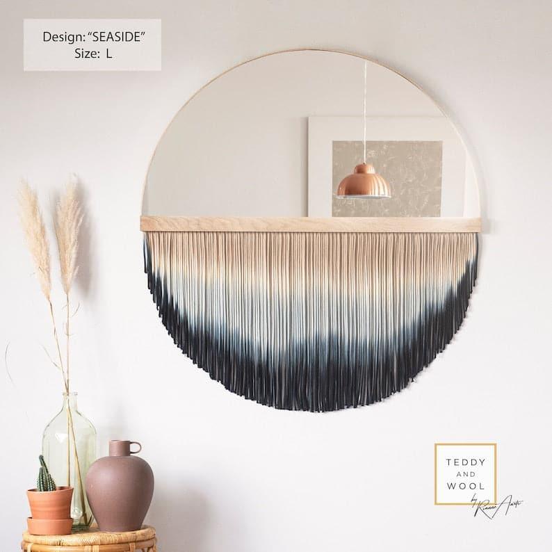 Handwoven Circle Fringe Mirror Macrame Wall Hanging Small: Ø 27.5 inches Seaside