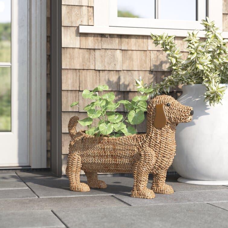 Handwoven Rattan Bankuan Dog-Shaped Basket/Planter with Leather Ears