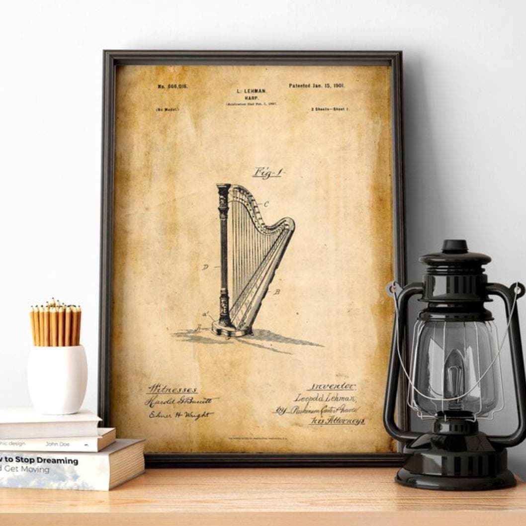 Harp Music Instrument Vintage Patent Print - MAIA HOMES